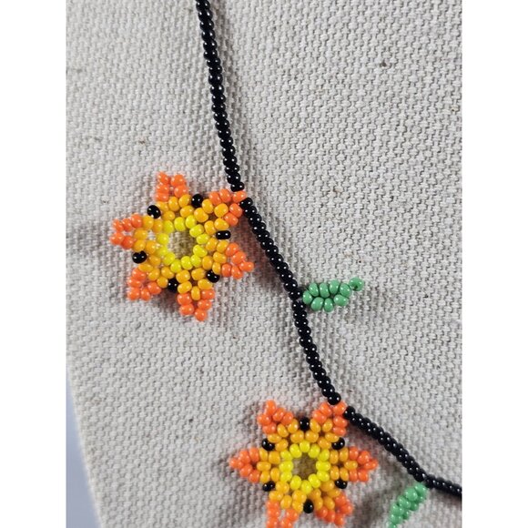 Handmade Seed Bead Sunflower Necklace & Earrings Set | Orange Yellow Floral - Picture 4 of 6